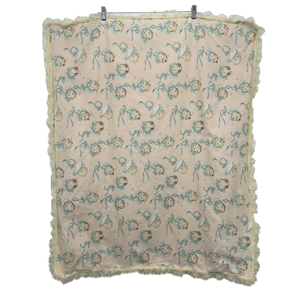 Vintage Gerber Baby Faces Crib Blanket Lace Pink Blue Yellow Rare Quilt 80s - Picture 1 of 5